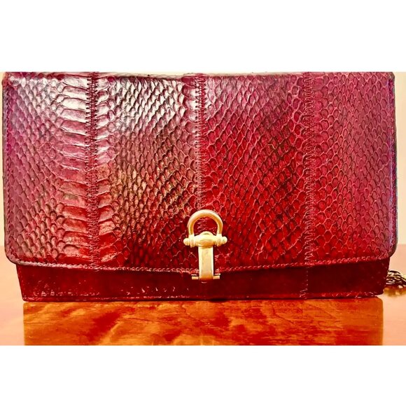 Vintage 1980s Jane Shilton Red Snakeskin Horse-bit Clasp Shoulder Bag/Clutch - Picture 3 of 8